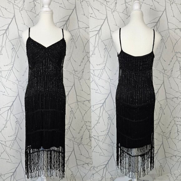Karen Millen Black Beaded Strappy 1920's Flapper Dress - Picture 1 of 6